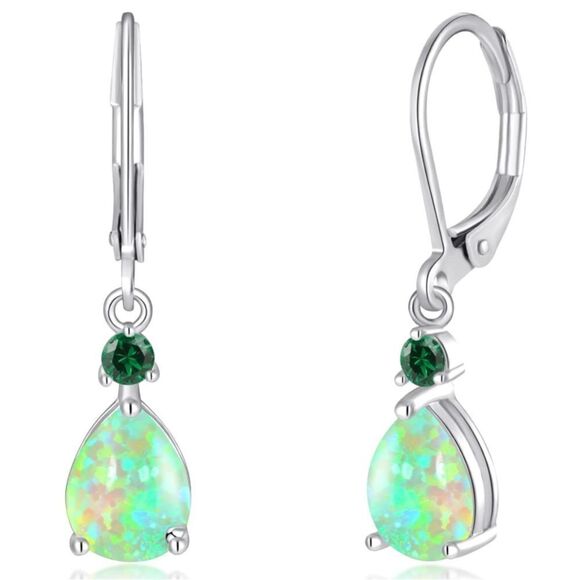 14K White Gold with Genuine Green Fire Opal and CZ Teardrop Leverback Earrings